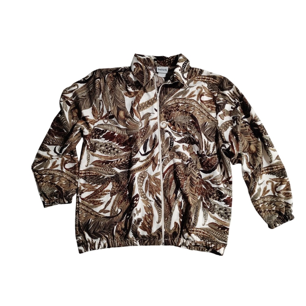 Bong Worth Feather Print Zip Up Jacket‎ Womens Size Medium Brown White